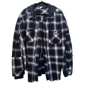 Hooded Plaid Flannel Button-Up Shirt Jacket
